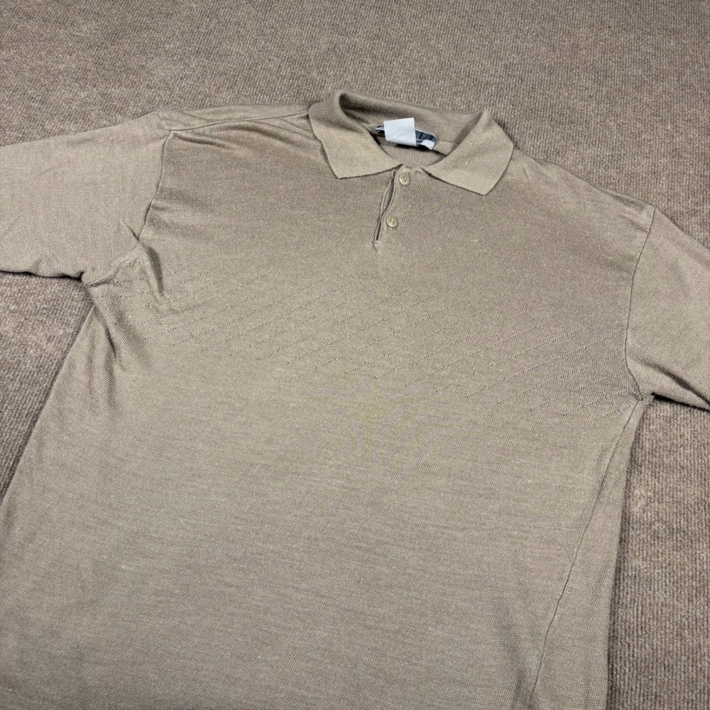 Untied Mens Tan Short Sleeve Polo Sweater Ramie Blend Diamond Knit Large